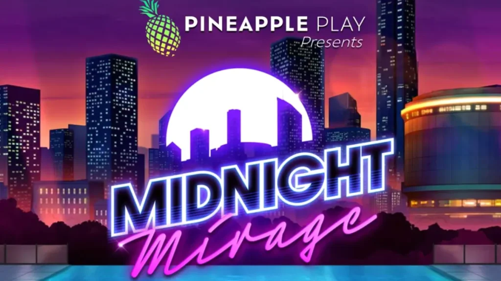 Tampilan visual neon dan mewah dari slot Midnight Mirage dengan latar belakang atap gedung Miami.