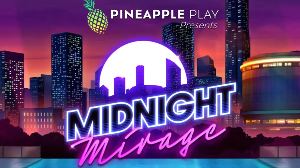 Tampilan visual neon dan mewah dari slot Midnight Mirage dengan latar belakang atap gedung Miami.